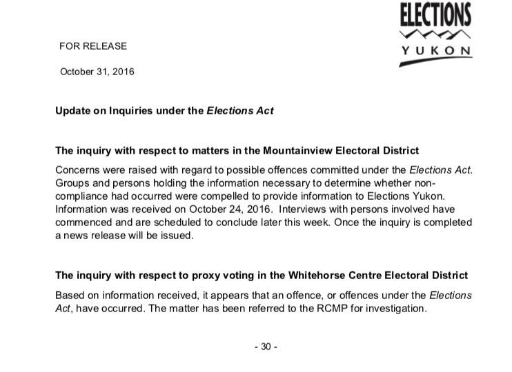 Elections Yukon press release regarding ongoing enquiries