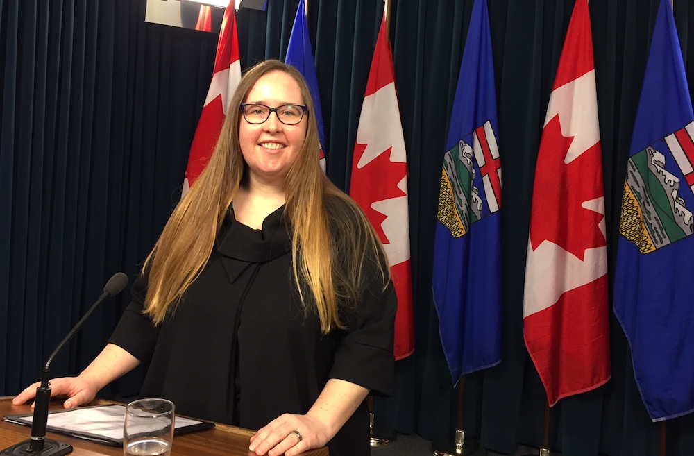 Alberta Labour Minister Christina Gray at March 13, 2017, news conference (David Climenhaga photo)