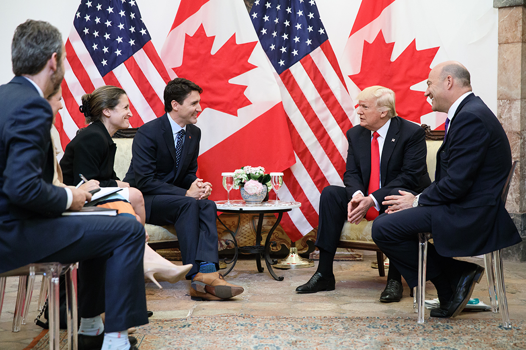 Prime Minister Justin Trudeau speaks with President Donald Trump. Photo: Adam Scotti/PMO