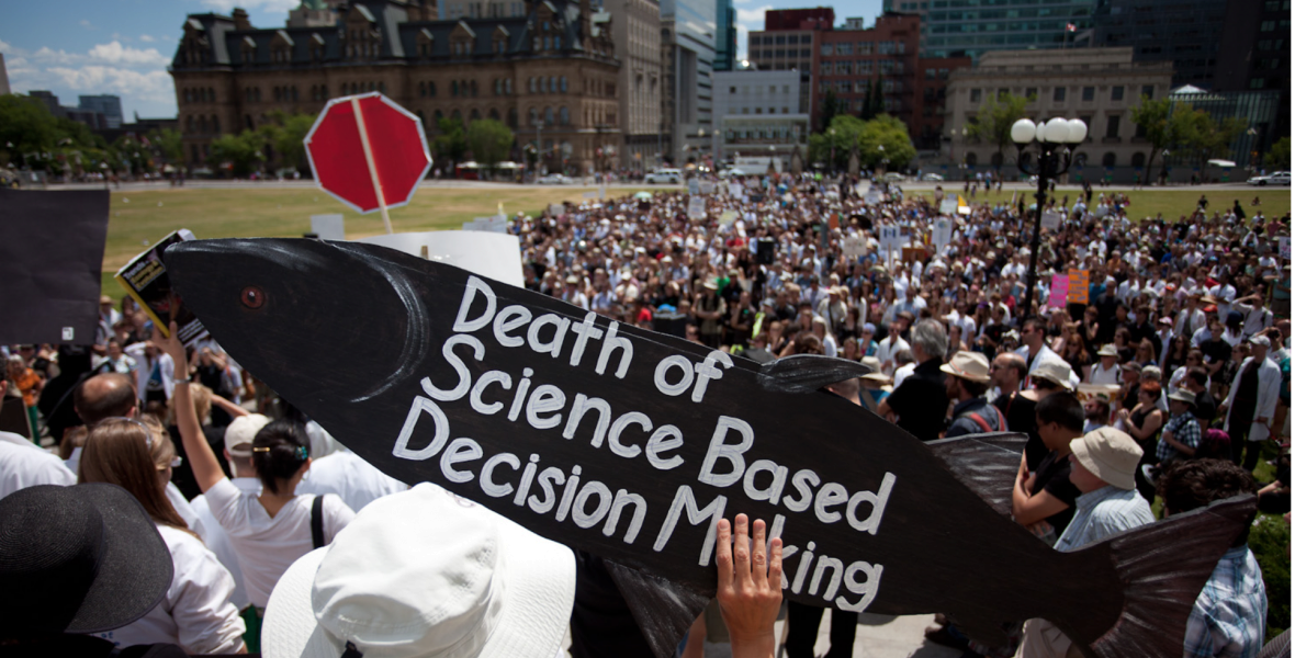 In 2012, hundreds of demonstrators marched from an Ottawa science conference to Parliament Hill under the banner the ‘Death of Evidence’. Photo: Richard Webster/deathofevidence.ca