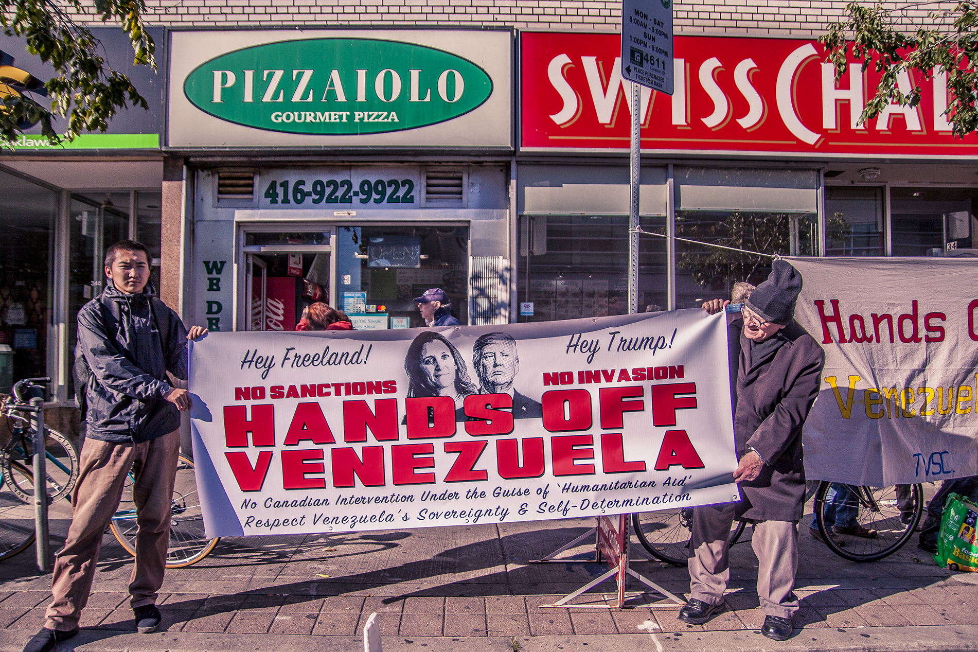 Demonstrators outside Minister of Foreign Affairs Chrystia Freeland's office in Toronto. Image: Jay Collin