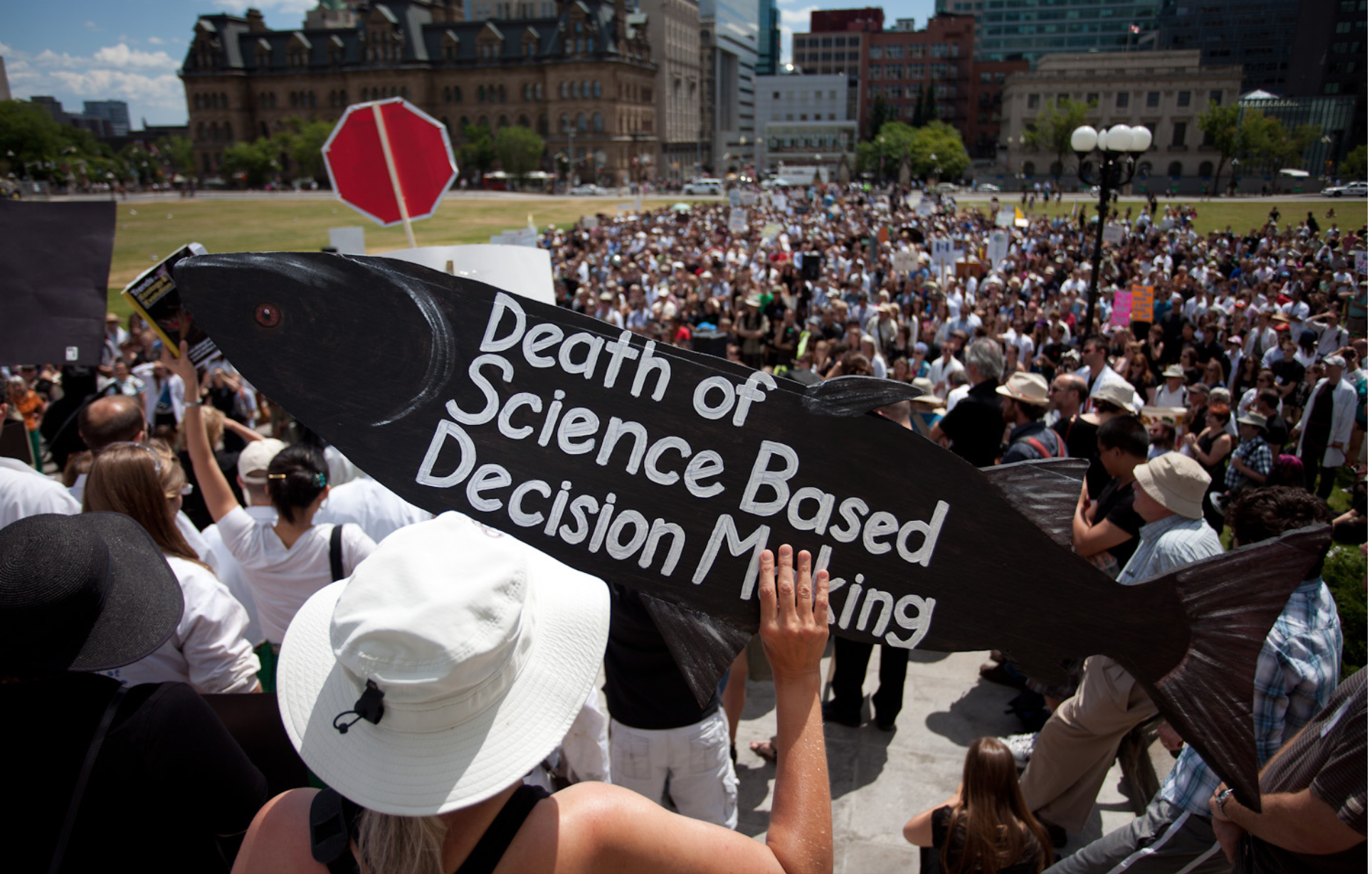 In 2012, hundreds of demonstrators marched from an Ottawa science conference to Parliament Hill under the banner the ‘Death of Evidence’. Photo: Richard Webster/deathofevidence.ca