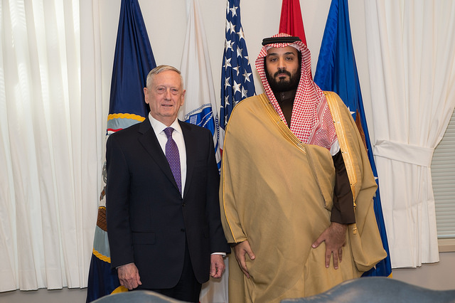 U.S. Secretary of Defence Jim Mattis with Saudi Arabia's leader Mohammad bin Salman in March, 2017. Photo: U.S. Department of Defense/Flickr