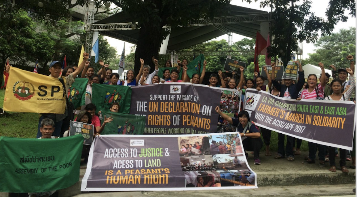 Farmers called on ASEAN Summit leaders to adopt the UN  Declaration on the Rights of Peasants and Other People Working in the Rural Areas on November 12, 2017. Photo: @via_campesina/Twitter