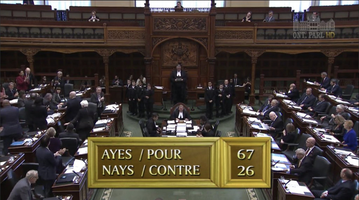 The vote result at Queen's Park on Bill 148 on November 22. Photo: BrynneSinclairWaters/Twitter