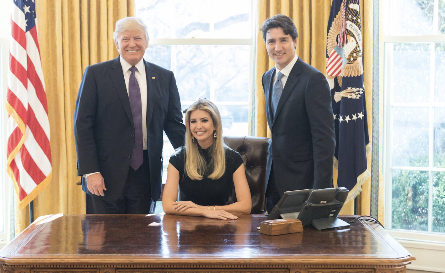 Prime Minister Justin Trudeau in the Oval Office with President Donald Trump and his daughter Ivanka on February 13, 2017. Photo: Ivanka Trump/Twitter