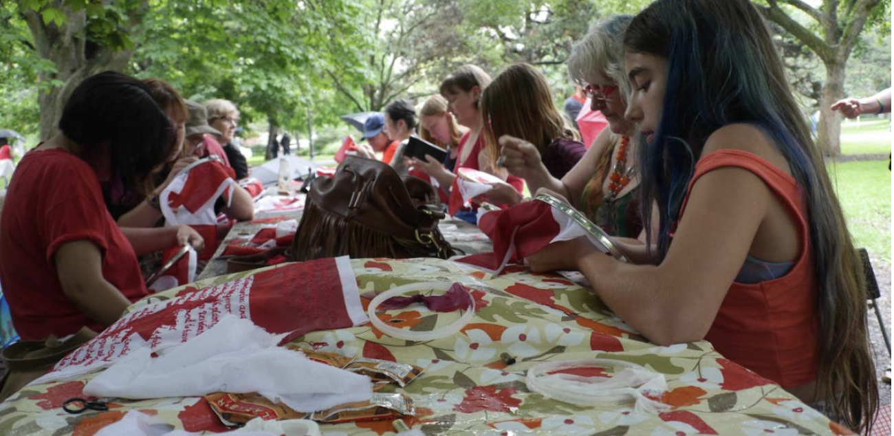 Stitch-by-Stitch's Unsettling Canada Day Sewing Circle was held in solidarity with Unsettling Canada 150 National Day of Action by Idle No More and Defenders of the Land. Photo: Elizabeth Littlejohn