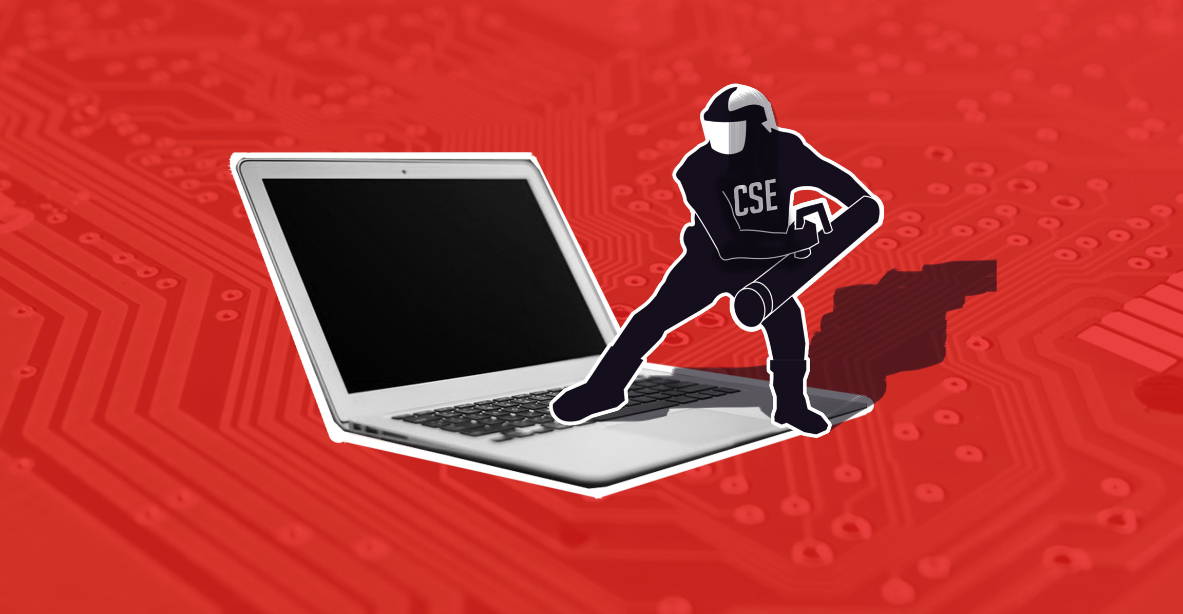 Graphic of a police figure labelled "CSE" standing with a battering ram at a computer.