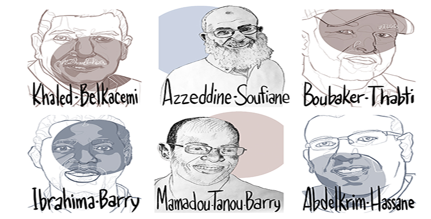 Drawings of Azzeddine Soufiane, Mamadou Tanou Barry, Khaled Belkacemi, Aboubaker Thabti, Ibrahima Barry and Abdelkrim Hassane. Image: Melisse Watson and Syrus Marcus Ware