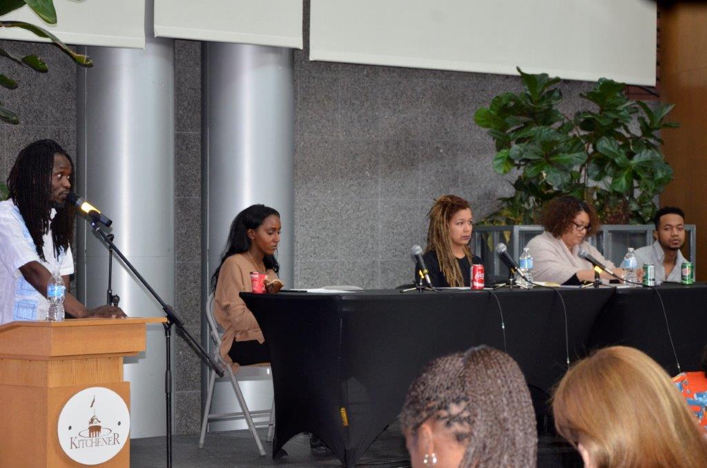 Left to right: Allen Magama, local activist, parent and musician; Fiqir Worku, University Waterloo student, vice president University of Waterloo Black Association for Student Expression; Robyn Maynard, author Policing Black Lives; Tana Turner, consultant and principal, Turner Consulting Group -- One Vision One Voice OACAS Report; Christien Levien, criminal defense lawyer and Legalswipe App Developer. Photo: Sylma Fletcher