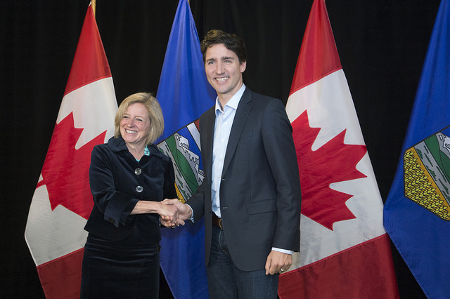 Alberta Premier Rachel Notley meets with Prime Minister Justin Trudeau following meetings at a federal government cabinet retreat in Kananaskis, Alberta on Sunday, April 24, 2016. Photo: Chris Schwarz/Government of Alberta