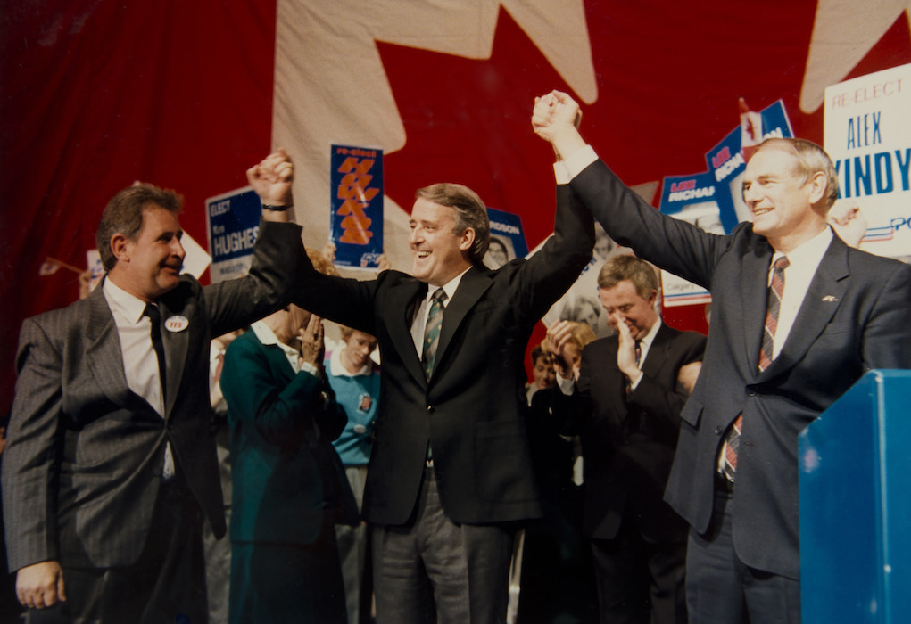 November 1988 federal election rally in Calgary. With Mayor Ralph Klein, Prime Minister Brian Mulroney, Premier Don Getty, and former Prime Minister Joe Clark