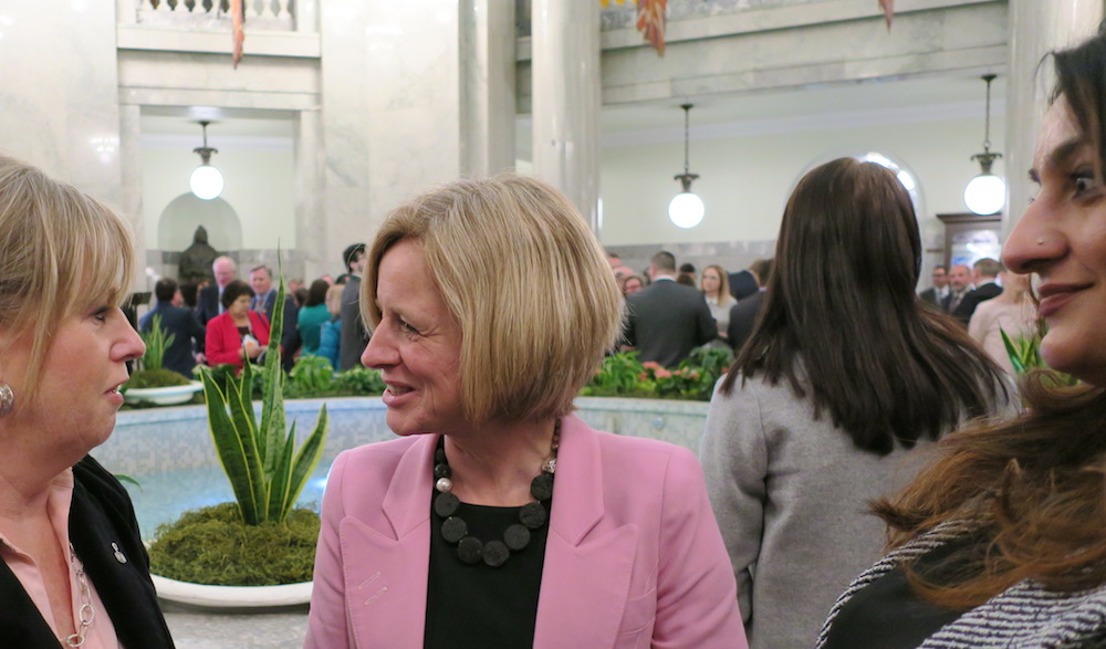 Premier Rachel Notley speaks with well wishers in the Alberta Legislature Rotunda yesterday after her government’s Speech from the Throne. (Photo: David J. Climenhaga.)
