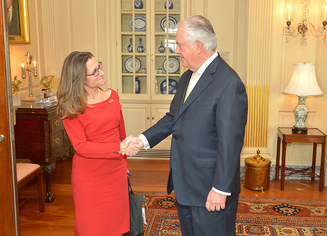 U.S. Secretary of State Rex Tillerson greets Canadian Foreign Minister Chrystia Freeland before their bilateral meeting at the U.S. Department of State in Washington D.C., on February 8, 2017. Photo: U.S. State Department/Flickr