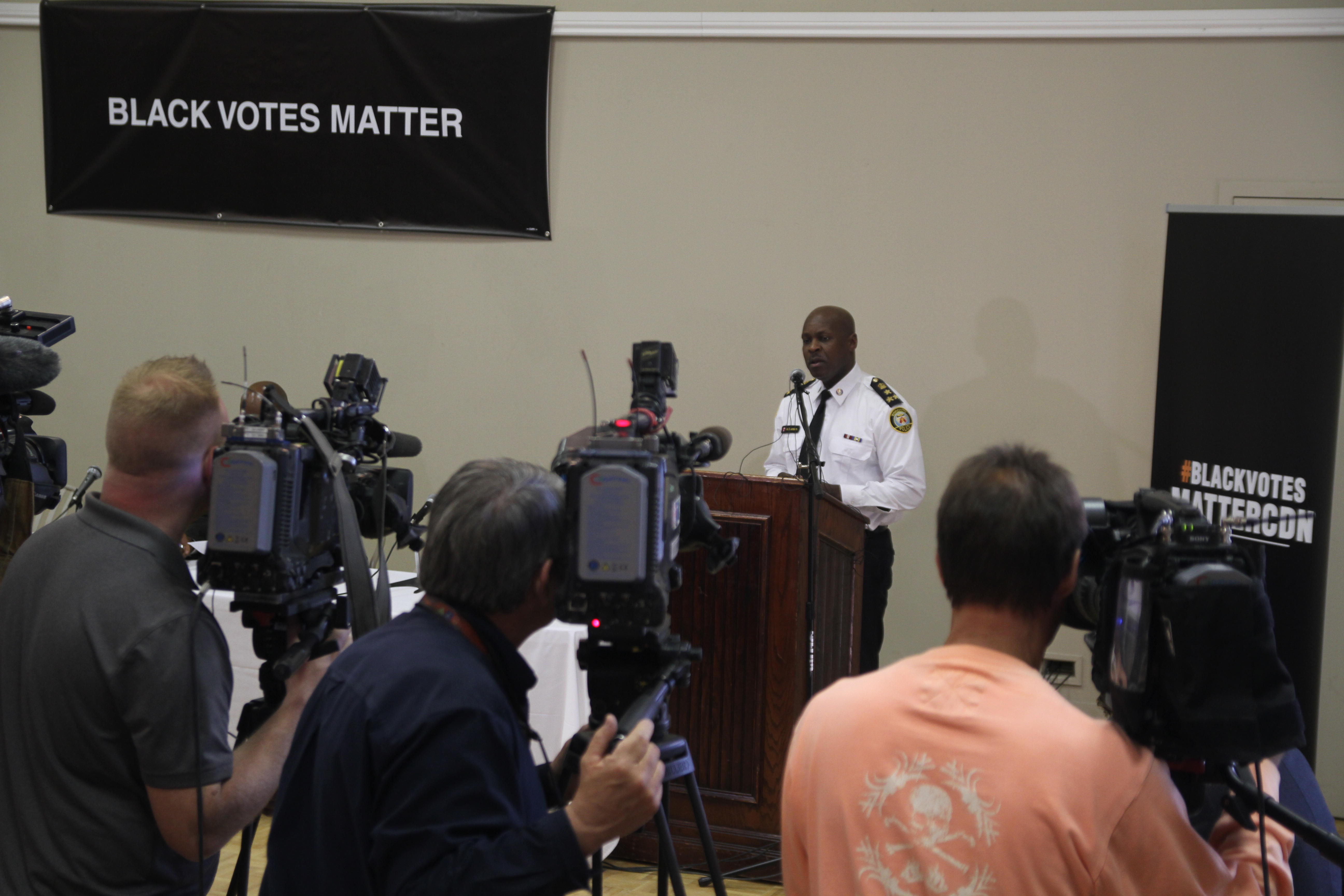Photo: Toronto Police Chief Mark Stewart at a Black Votes Matter event in 2015/OFL Communications Department