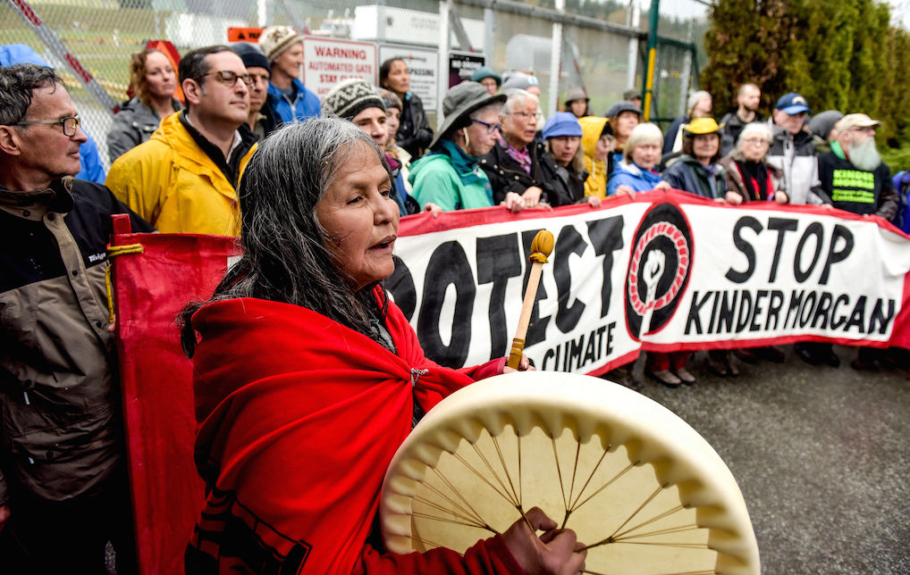 Seth Klein stands with Indigenous leaders and #ProtectTheInlet protesters outside the Kinder Morgan facility on Burnaby Mountain. Photo: Protect the Inlet/Flickr