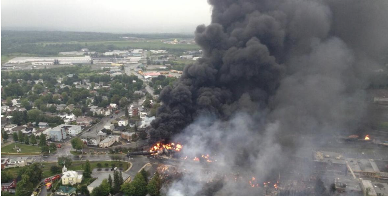 Picture taken from a Sûreté du Québec helicopter of Lac-Mégantic, the day of the derailment, July 6, 2013. Photo: Sûreté du Québec/Wikimedia Commons