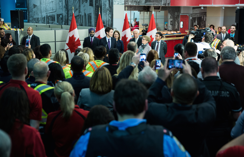 Justin Trudeau at Pearson Airport in 2015 to welcome Syrian refugees. Photo: Adam Scotti/PMO