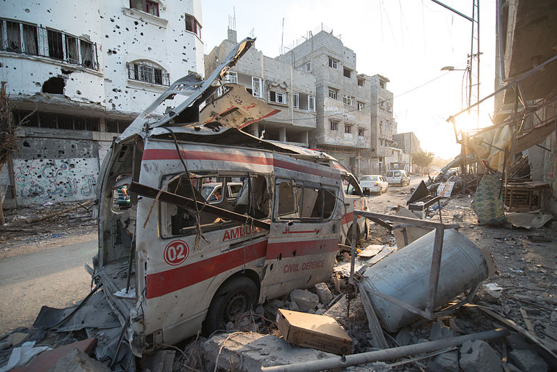 A destroyed ambulance in the Gaza Strip in 2014