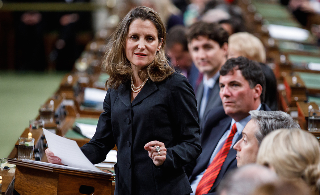 Minister Chrystia Freeland outlines Canada's foreign policy objectives during a speech in the House of Commons. Photo: Adam Scotti/PMO