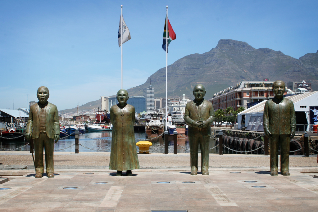 A statue featuring Nelson Mandela and F.W. de Klerk in Cape Town, South Africa.