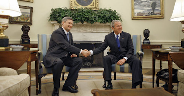 Former Canadian PM Stephen Harper with former U.S. president George W. Bush, in 2006 when Harper had a decent excuse to visit the White House