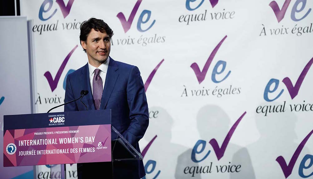 Justin Trudeau speaks at the Equal Voice International Women's Day lunch. Photo: Adam Scotti/PMO