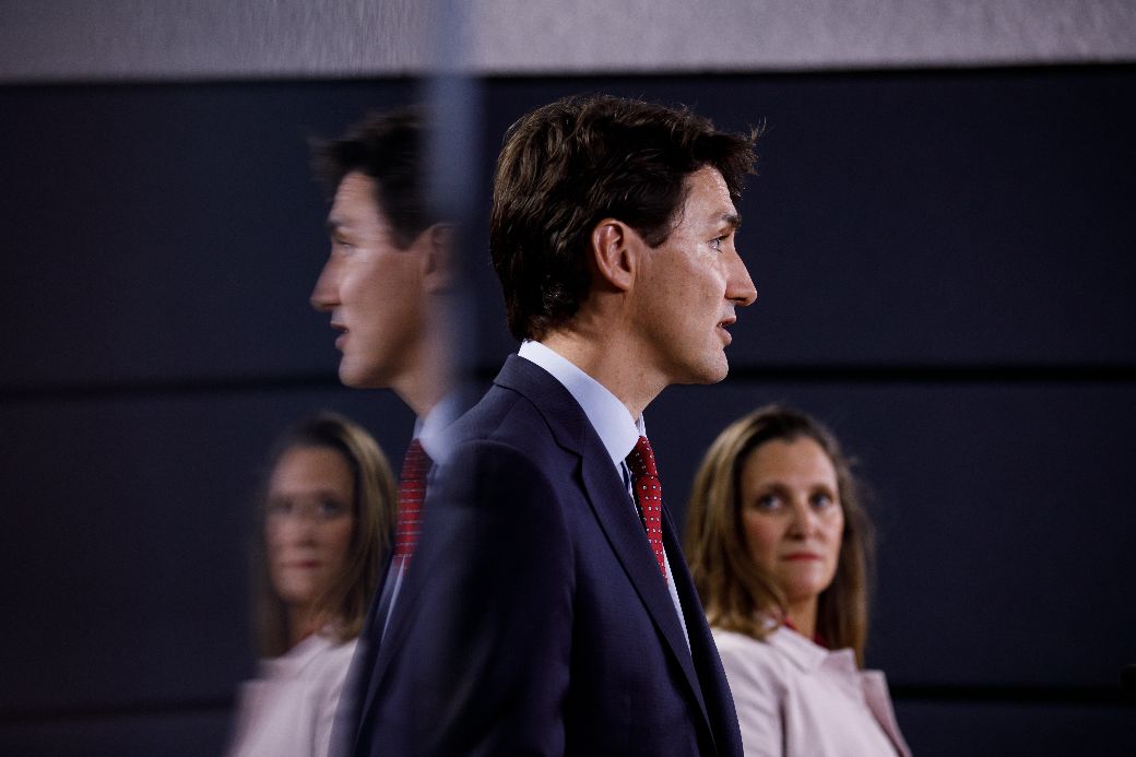Prime Minister Trudeau and Minister Freeland speak with media. Photo: Adam Scotti/PMO
