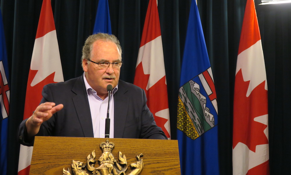 Soon-to-retire former NDP leader Brian Mason, now Alberta’s minister of transport, at yesterday’s news conference (Photo: David J. Climenhaga).