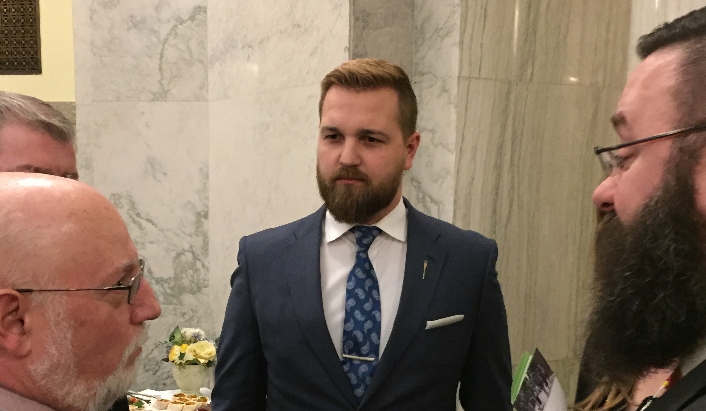 Strathmore-Brooks MLA Derek Fildebrandt listens to other bearded men in happier times (Photo: David J. Climenhaga).