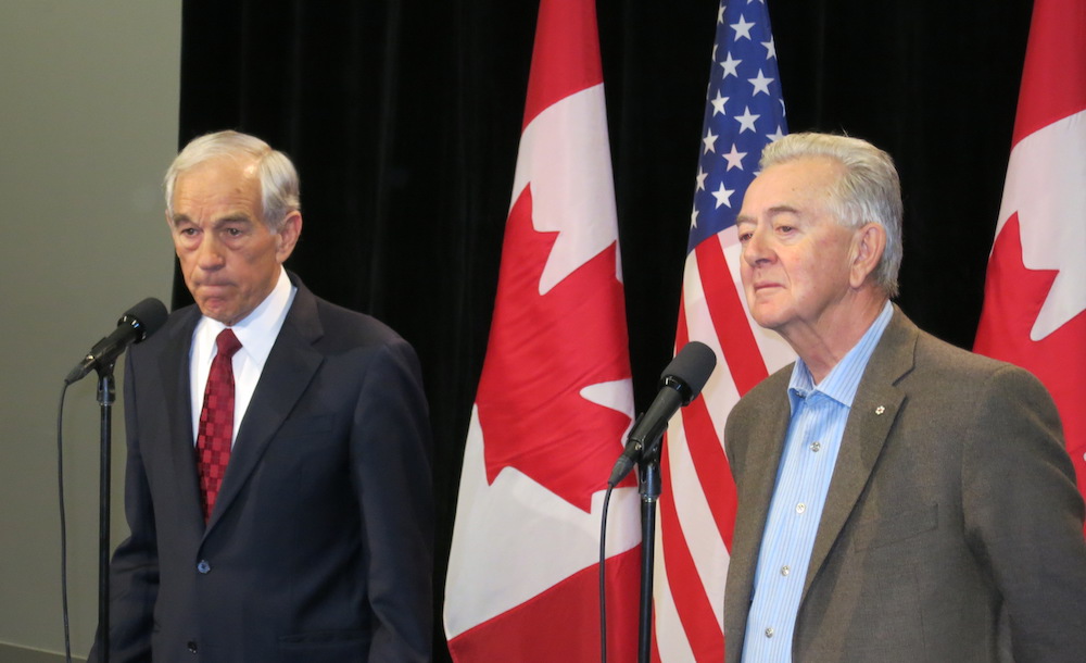 Preston Manning, right, Godfather of the Canadian Right, with Ron Paul, at left, the batty uncle of the American right wing, at the 2013 Manning Networking Conference in Ottawa (Photo: David J. Climenhaga).