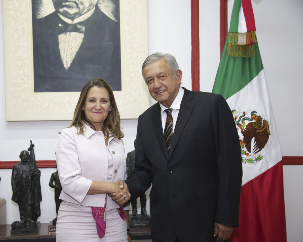 Mexican government photo of Canadian Foreign Minister Chrystia Freeland and Mexican president-elect Andrés Manuel López Obrador on July 25.