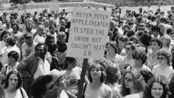 AUPE members on strike, in July 1980 in defiance of premier Peter Lougheed’s no-strike legislation (Photo: Alberta Union of Provincial Employees).