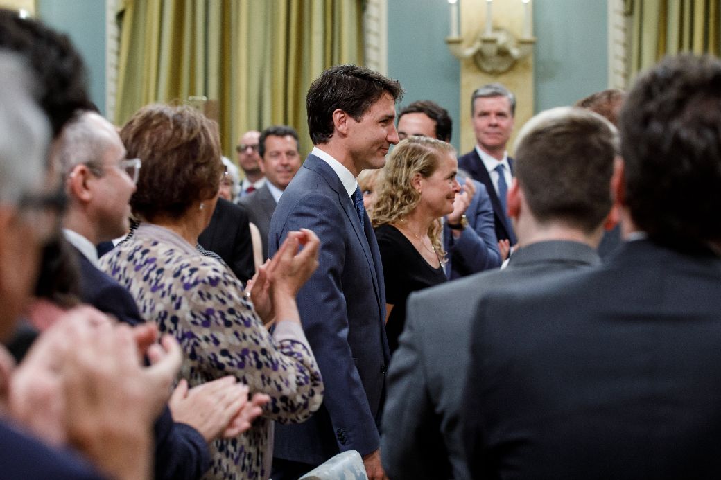 Prime Minister Justin Trudeau takes part in a swearing-in ceremony of new Ministers at Rideau Hall. Photo: Adam Scotti/PMO