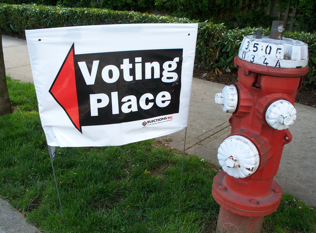 Voting location sign from Elections. BC Photo: Dennis Sylvester Hurd/Flickr
