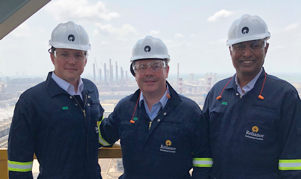 UCP Amigos Devin Dreeshen, Jason Kenney and Prasad Panda in their Reliance Industries coveralls and helmets (Photo: Facebook).