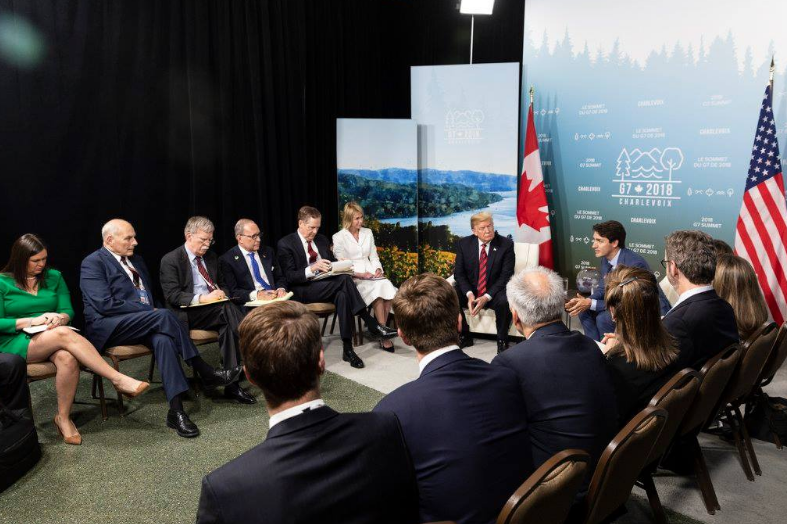 U.S. President Donald Trump and Prime Minister Justin Trudeau during their expanded bilateral meeting at the G7 Summit in Charlevoix. Photo: Shealah Craighead/Wikimedia Commons