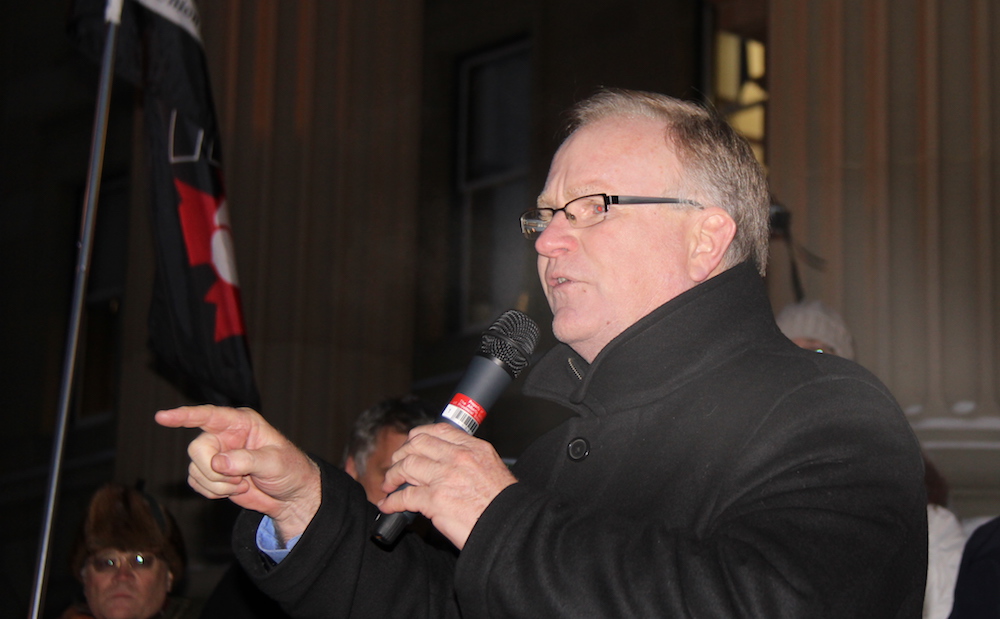 Then a Wildrose MLA, Joe Anglin addressed a crowd from the steps of the Alberta legislature in November 2013 (Photo: David J. Climenhaga).