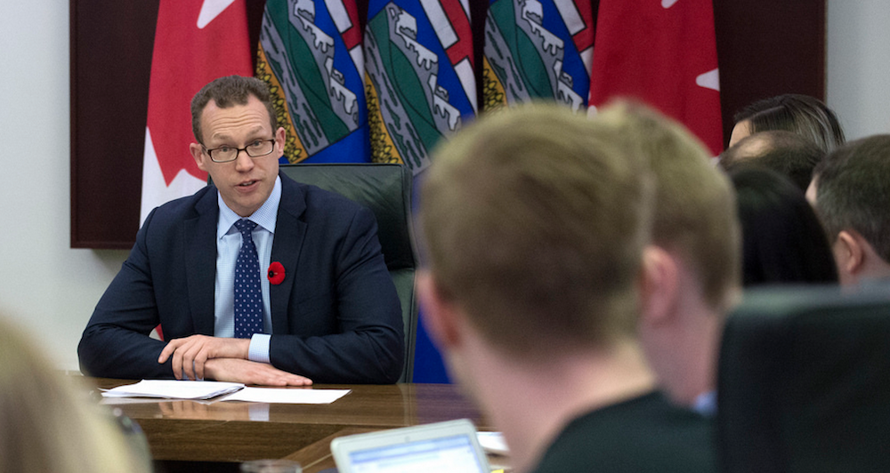 Alberta Advanced Education Minister Marlin Schmidt briefs student leaders about Bill 19 at the Legislature yesterday (Photo: Chris Schwarz, Government of Alberta).