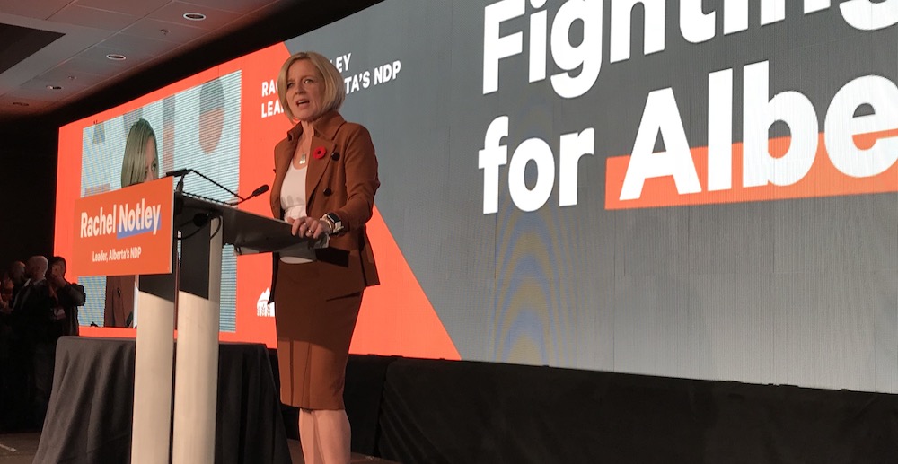 Alberta Premier Rachel Notley addresses NDP members in her speech in Edmonton. Photo: David J. Climenhaga