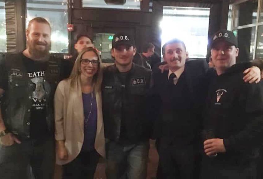 UCP nomination candidate Nicole Williams with Soldiers of Odin members at the party's pub night in Edmonton Friday (Photo: Facebook).