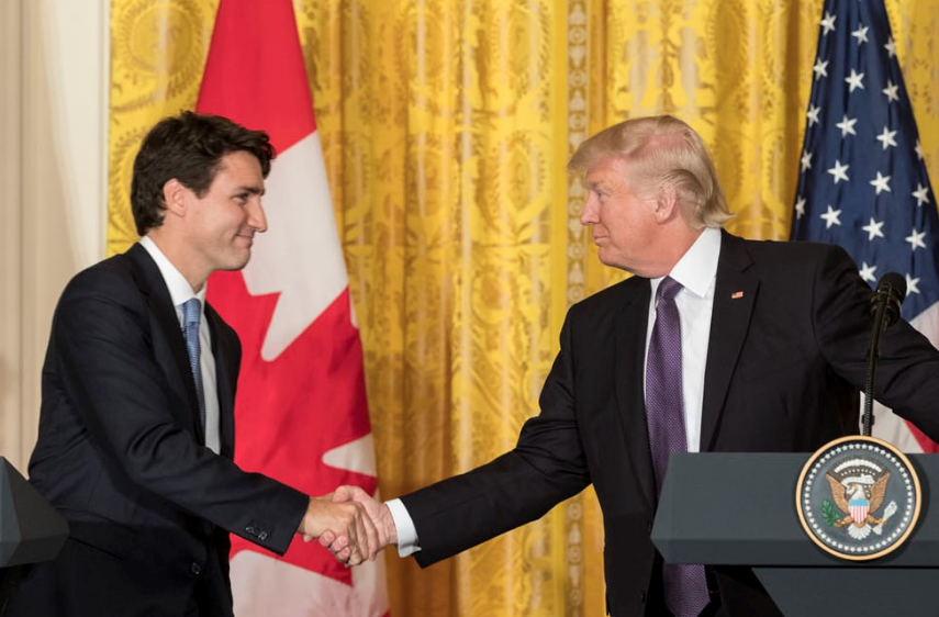 U.S. President Donald Trump and Canadian Prime Minister Justin Trudeau shake hands during a joint press conference. Official White House Photo by Shealah Craighead/ Wikimedia Commons