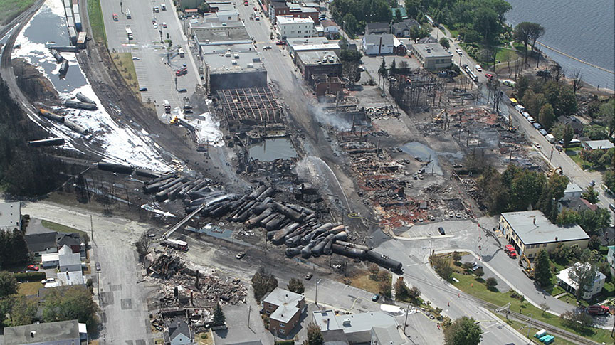 Aerial view of Lac-Mégantic derailment site. Photo: National Transportation Safety Board/Wikimedia Commons