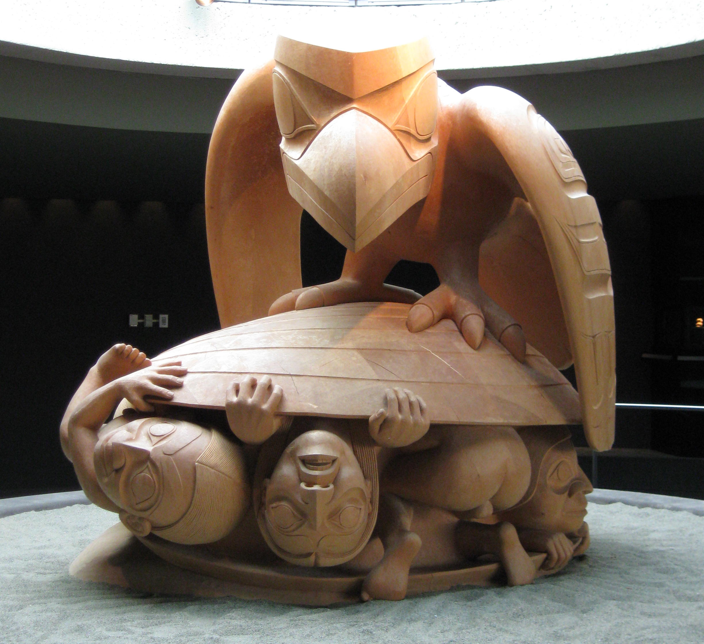 Artist: Bill Reid.  Image from wikimedia commons https://commons.m.wikimedia.org/wiki/File:Bill_Reid_Raven_(UBC-2010a).jpg