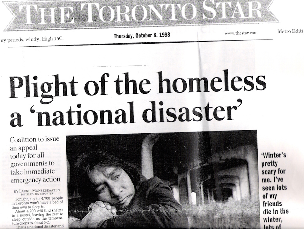 Front page Toronto Star in 1998. "Plight of the homeless a national disaster."
