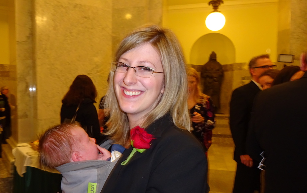 Stephanie McLean and baby Patrick at the Legislature in 2016 (Photo: David J. Climenhaga).