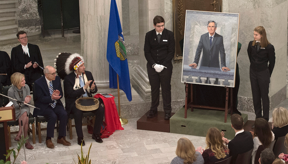 The late Jim Prentice's official portrait as it was unveiled in the Alberta Legislature (Photo: Chris Schwartz, Government of Alberta).