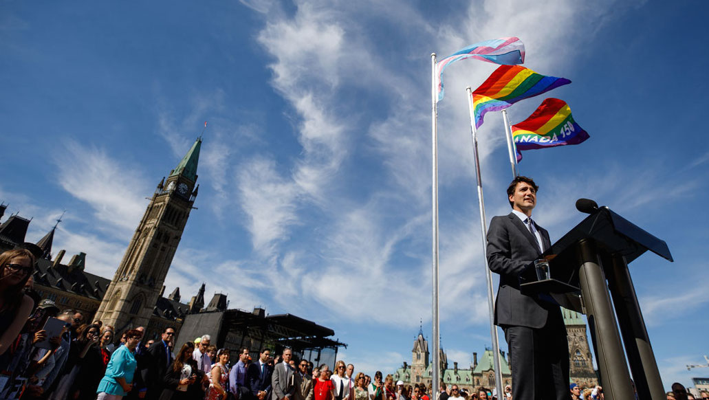 Prime Minister Justin Trudeau attends the flag raising ceremony for Pride Month on Parliament Hill. Photo: Adam Scotti/PMO