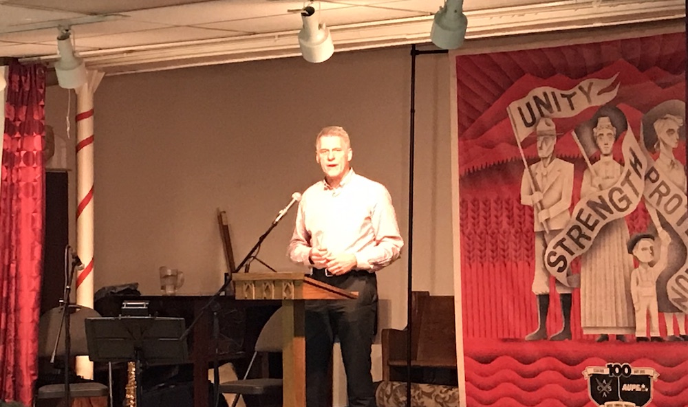 Alberta Union of Provincial Employees President Guy Smith last night in the basement of Edmonton’s First Presbyterian Church, where public sector trade unionism got its start in Alberta 100 years earlier. Photo: David J. Climenhaga.