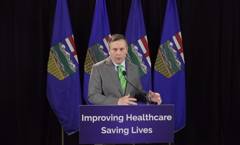 Alberta Opposition leader Jason Kenney delivers his health care policy (Photo: Screenshot of Facebook video).